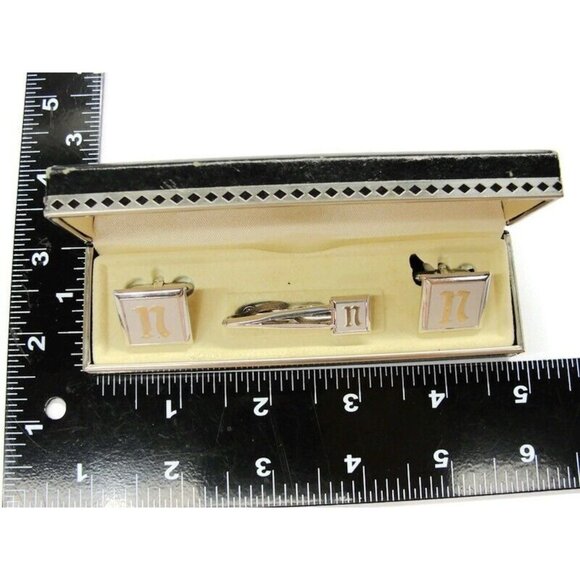 Signed Swank Set Silver Tone Square Cufflinks Neck Tie Clip Shirt Vintage IOB - Picture 5 of 12